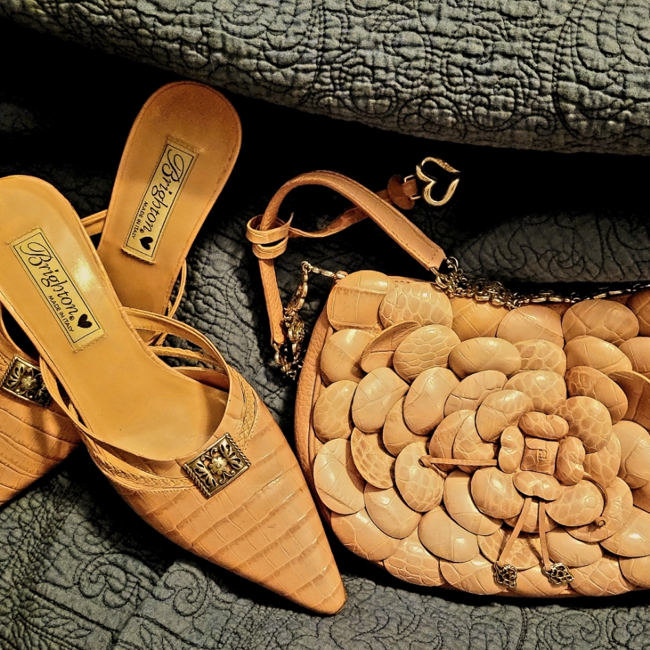 Brighton Pink Leather Purse Flower Petal. Silver & Leather Strap. + Pink Pumps.